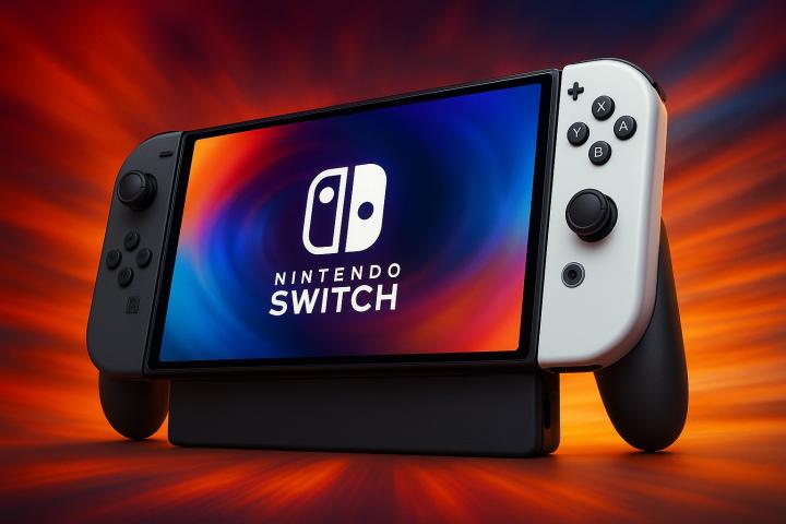 Une Nintendo Switch moderne est mise en avant, posée sur son socle, avec des Joy-Con gris et blancs. L'écran affiche un fond dynamique aux couleurs vives (rouge, bleu, orange) dans un style tourbillonnant, suggérant puissance et innovation.